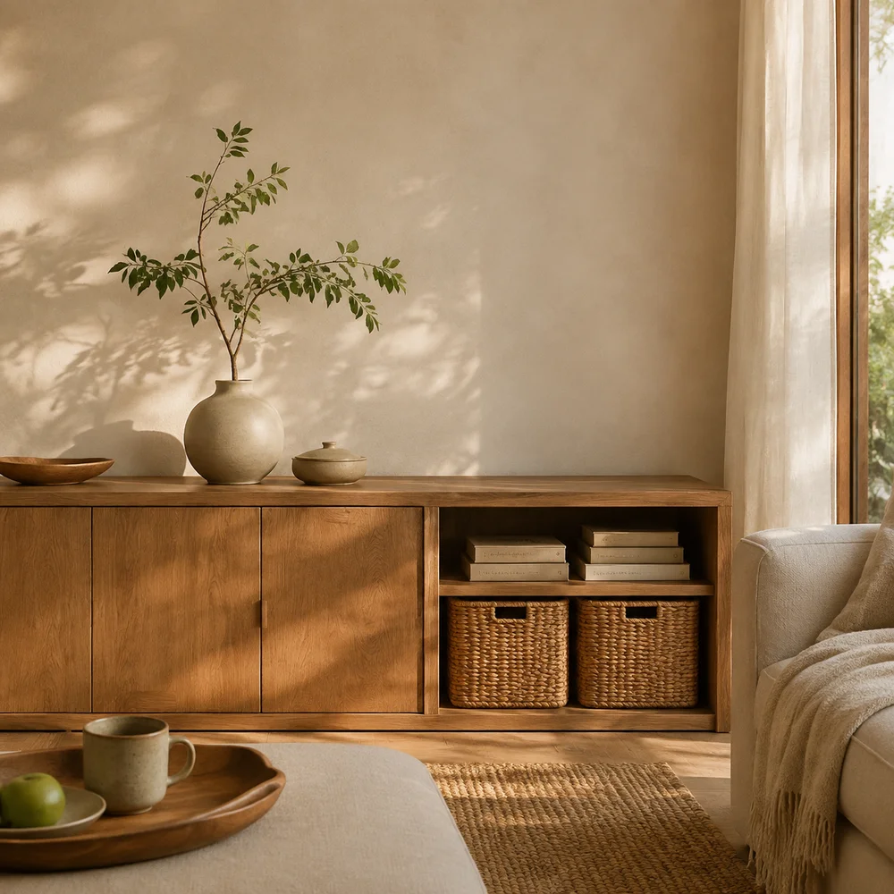 A warm living room with books and woven baskets arranged in an oak cabinet.